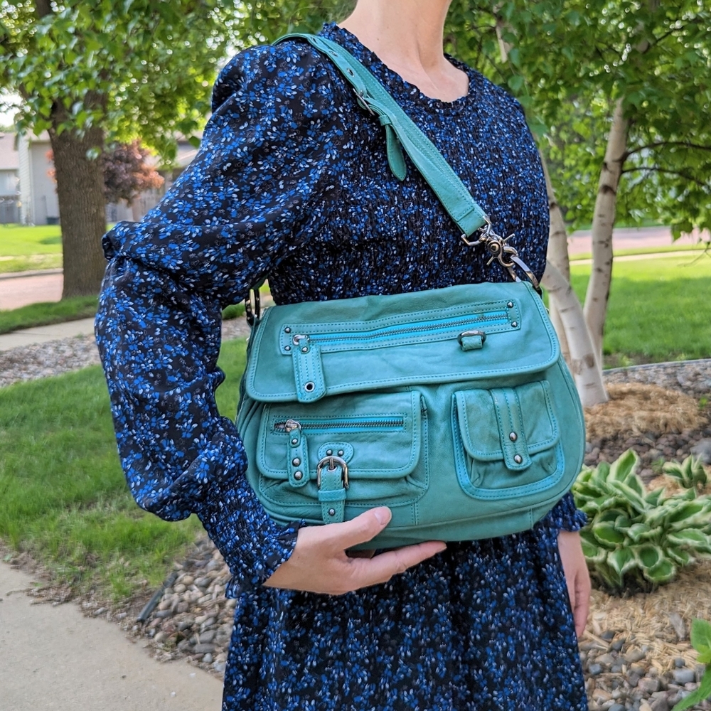JUNIOR DRAKE teal leather shoulder bag (K3)